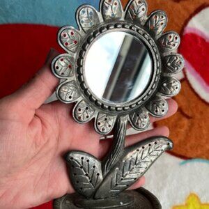 Vintage Silver Plated Mirrored Flower Ring Holder Tray